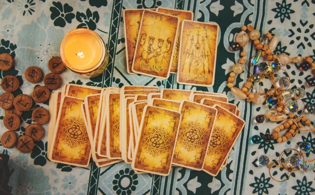 Tarot cards spread on a table